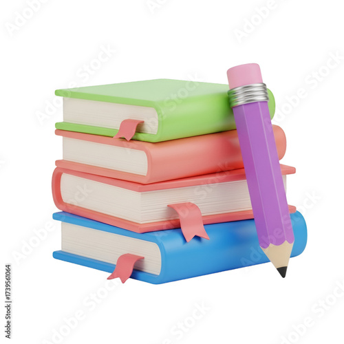 Stack of colorful books with a purple pencil isolated on transparent background