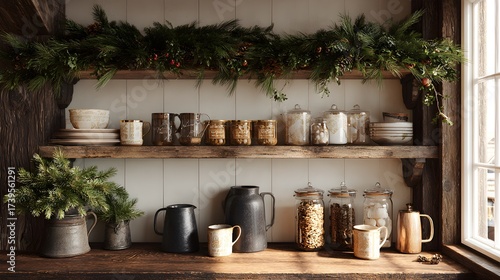 Cozy rustic kitchen shelf decorated with evergreen boughs for a warm winter holiday scene.