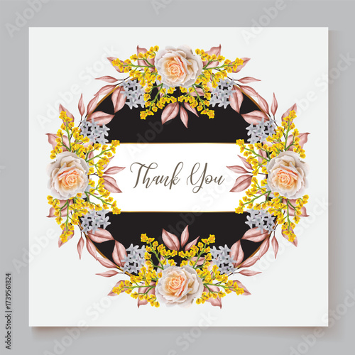 WEDDING INVITATION FRAME WITH FLOWER DECORATIONS AND FRESH LEAVES