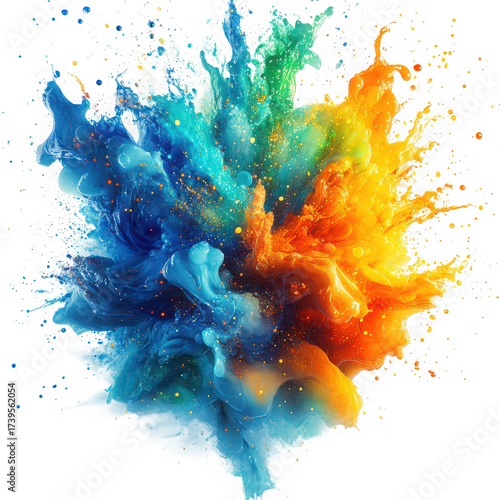 Colorful powder explosion isolated on transparent background, a mesmerizing blend of blue, green, and orange hues, creating a dynamic and artistic visual effect
