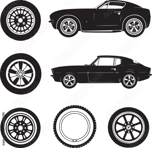 Black silhouette classic cars and wheels coupe tire
