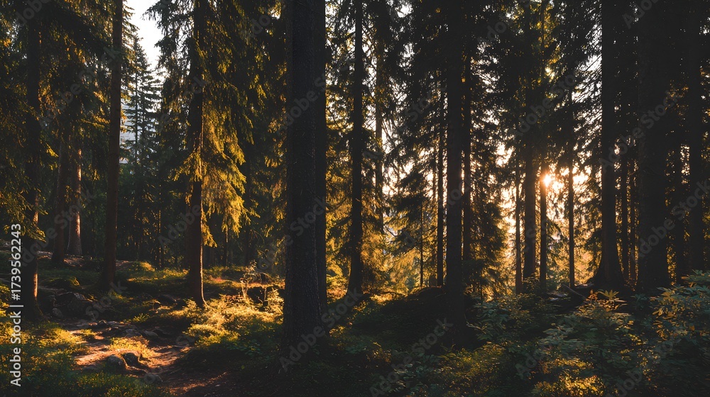 Obraz premium Sunlight filters through a dense forest of tall, dark trees, illuminating the undergrowth with warm, golden light, creating a serene and natural landscape with a pathway winding through the scene,...