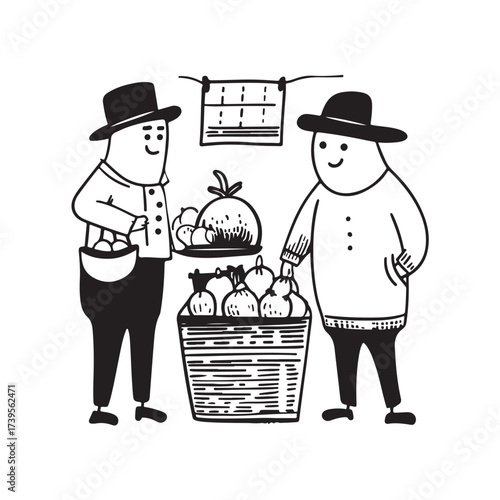A cartoon vector illustration of a person selling fruit using a basket. The design features a fruit seller with a friendly expression, surrounded by various types of fresh fruit.