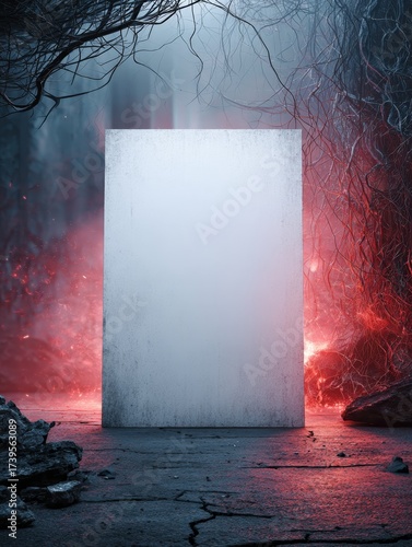 Blank poster hanging in dystopian sci-fi room with cables and glowing background.