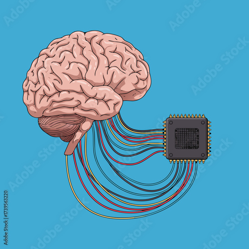 A human brain connected by wires to a processor chip symbolizes the fusion of intelligence and technology. The concept of automation, machine learning, and the future of human-AI interaction.