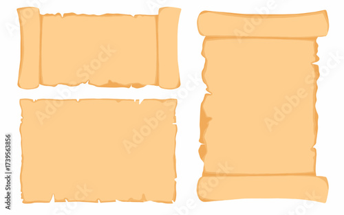 Antique paper scroll vector set. Papyrus scroll set. Hand drawn antique paper blank in cartoon style isolated on white background