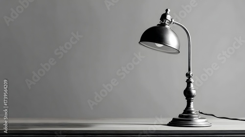 Illuminated desk lamp in grayscale shows a modern, elegant design, positioned slightly off-center against a smooth, gray backdrop and tabletop surface.