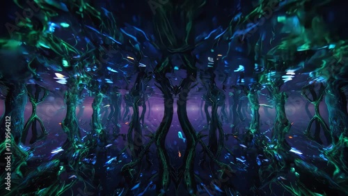 A mesmerizing underwater landscape of bioluminescent trees and floating fish