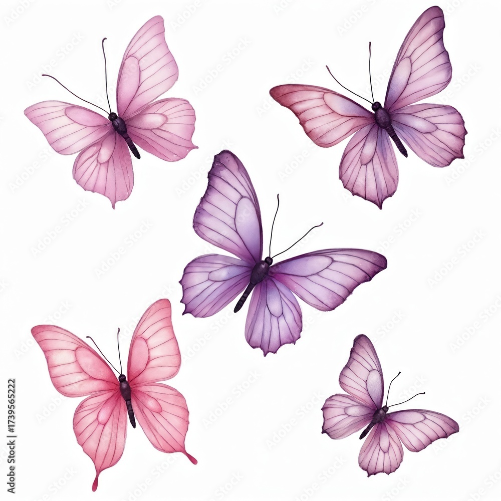 Fototapeta premium Set of airy watercolor butterflies in pink and lilac colors. Gentle insects with delicate wings appear to float against a white background, perfect for spring designs.