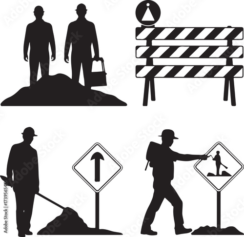 Construction workers and signage silhouettes hard hats