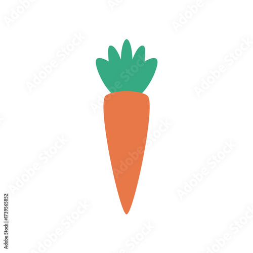 Simple carrot icon with green leaves on white background. Flat orange vegetable illustration symbol for food, nutrition, and healthy lifestyle concept. Minimal graphic design element for agriculture