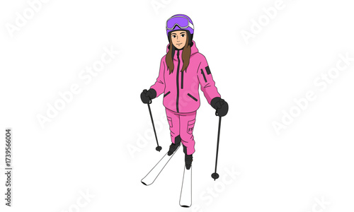Female Skier in Purple Winter Gear with Ski Poles – Active Lifestyle and Winter Sports Concept