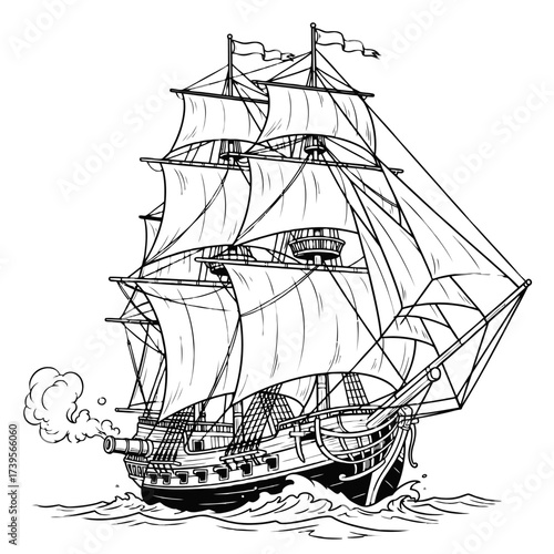 Vintage Sailing Ship on Waves with Cannon Firing.
