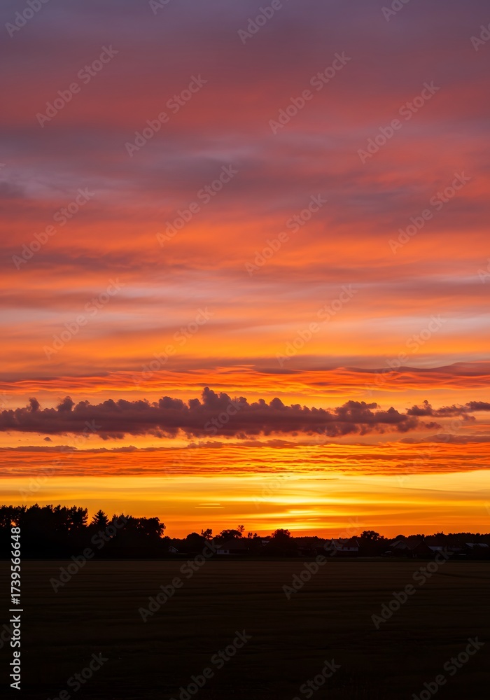 Obraz premium Sky ablaze with vibrant colors at sunset, painting a dramatic panorama across the natural horizon.