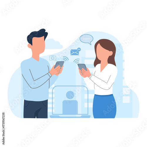 Man and woman using smartphones to communicate and connect online, with wireless signals and social media icons, illustrating digital communication and modern lifestyle.