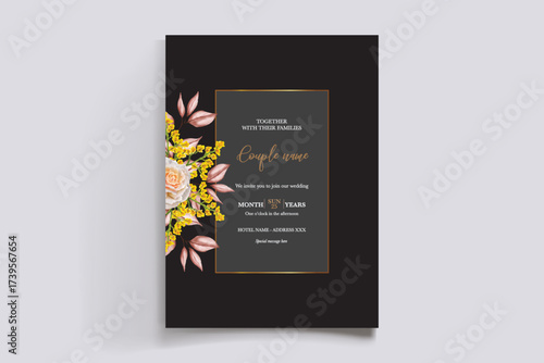 WEDDING INVITATION FRAME WITH FLOWER DECORATIONS AND FRESH LEAVES