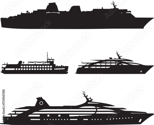 Four black ship silhouettes cruise ship ferry