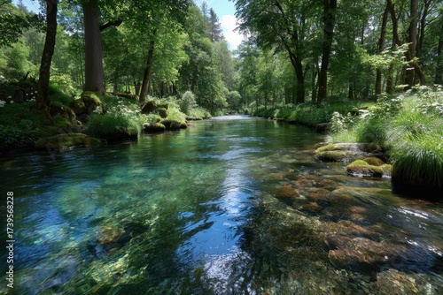 Clear river flows through lush green forest under bright sunlight in summer