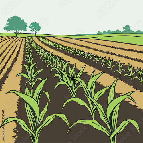 Vibrant green corn stalks growing in neat rows on a sunny farm field