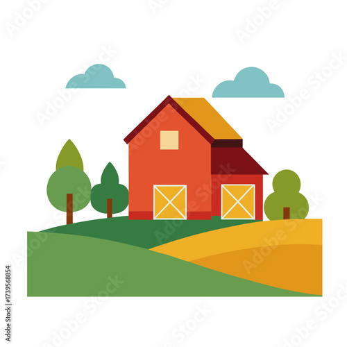 Charming red barn amidst rolling hills and green trees under a cloudy sky