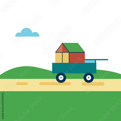Cartoon house on a trailer moving through a green landscape with a blue sky