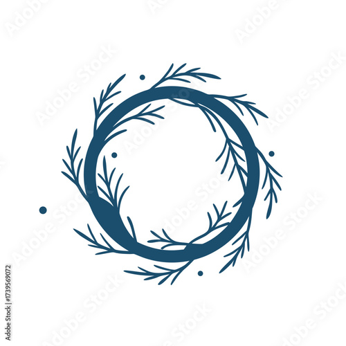 Dark blue wreath of twigs and leaves with scattered dots on black background