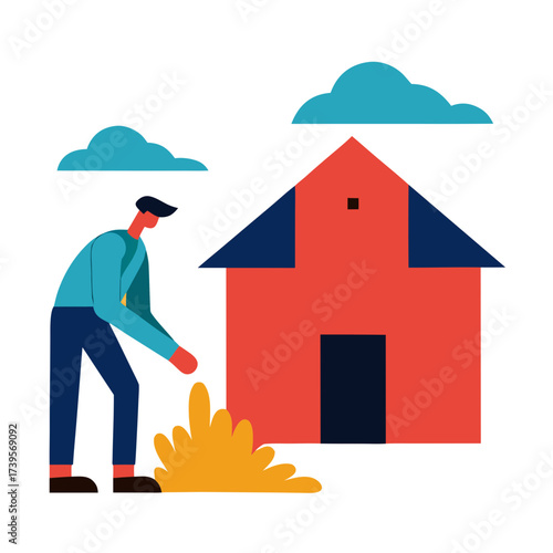 Man tending to plants near a stylized red house under a cloudy sky