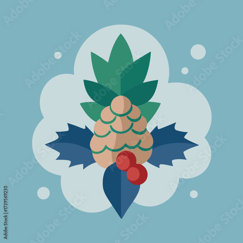 Festive pinecone and holly berry illustration with soft cloud background