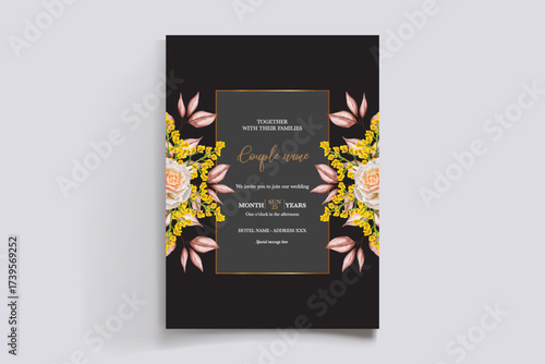 WEDDING INVITATION FRAME WITH FLOWER DECORATIONS AND FRESH LEAVES