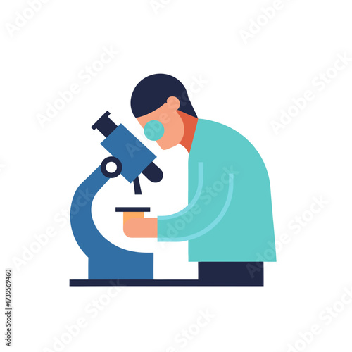 Scientist in lab coat examining sample under microscope in flat design style