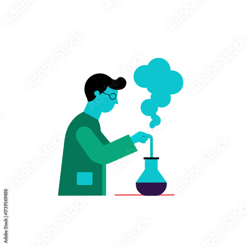 Scientist in lab coat conducts chemical experiment with bubbling flask and blue smoke