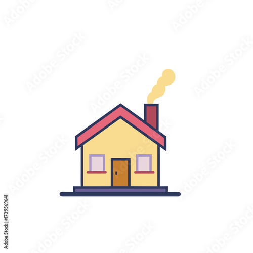 Simple cartoon house with smoke emitting from chimney on black background