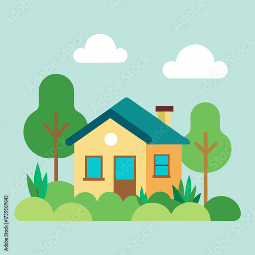 Charming cartoon house with trees and clouds in a serene landscape