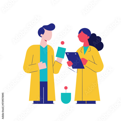 Two scientists in yellow lab coats collaborating on a research experiment with equipment and notes