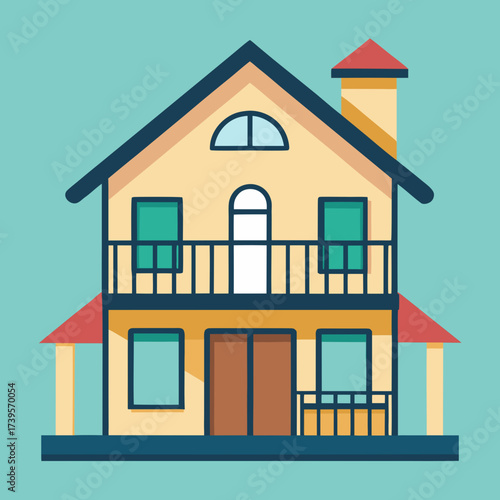 Charming flat design two story house with balcony and chimney