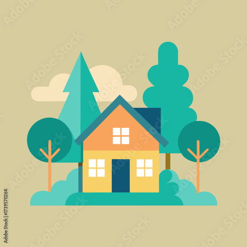 Cozy yellow house nestled among vibrant trees and fluffy clouds