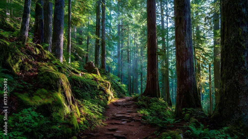 Obraz premium A sunlit pathway winds through a lush, vibrant green forest, framed by tall trees and illuminated by dappled sunlight, creating a peaceful and inviting natural scene of serenity.