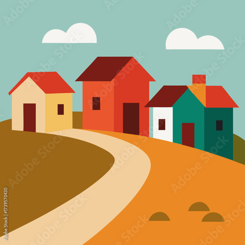 Colorful geometric houses on a hillside with a winding path and clouds