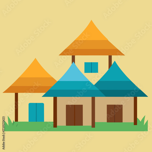 Colorful geometric village houses with layered conical roofs on a plain background