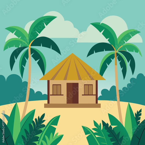 Tropical beach hut surrounded by lush greenery and palm trees under a cloudy sky