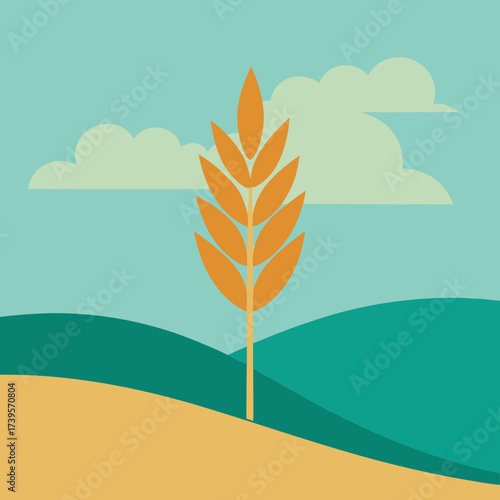 Stylized wheat stalk rises above rolling hills under a cloudy sky