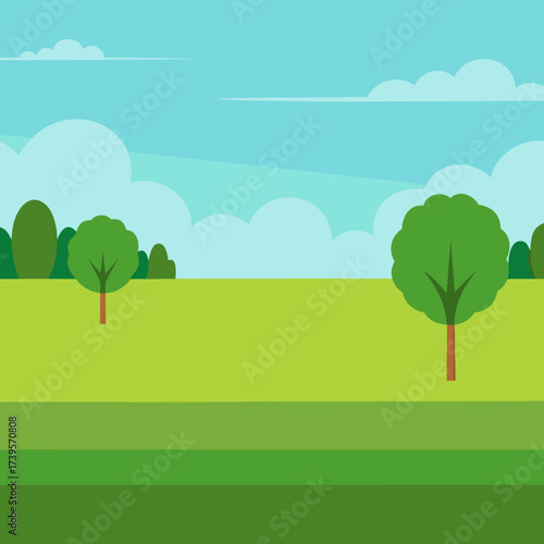 Vibrant flat design landscape with green fields trees and blue sky