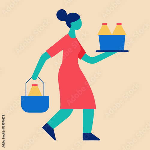 Stylized person carrying drinks in buckets and on a tray
