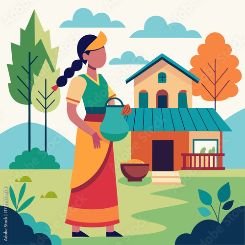 Woman in traditional attire carries water jug near a colorful house and trees