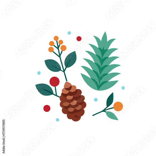 Stylized winter nature elements featuring pinecone berries and pine needles on black background