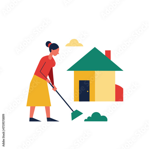 Woman sweeping outside a colorful house with a green roof and yellow walls