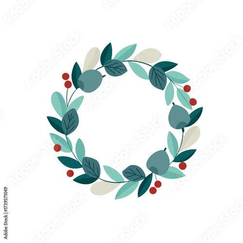 Elegant winter wreath with blue berries and red accents on black
