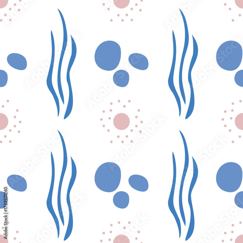Seamless vector pattern of abstract organic shapes in pastel blue and blush pink on a white background.