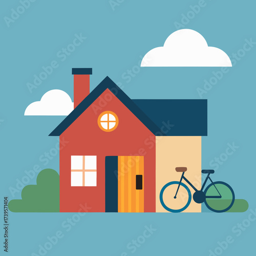 Charming flat illustration of a red house with a bicycle and clouds