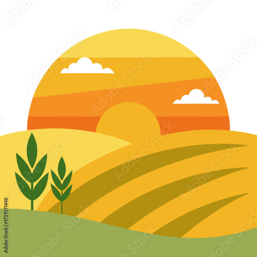 Stylized sunrise over golden fields with green sprouts and clouds